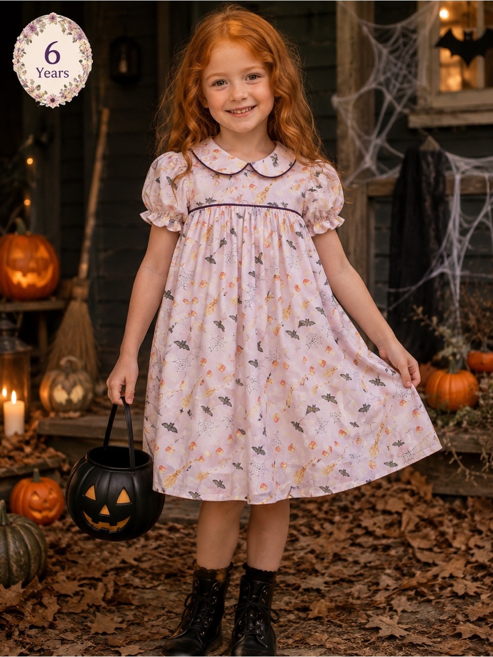 6T - SMOCKING BIRD - Girls Halloween Pastel Pink Witch Print Dress